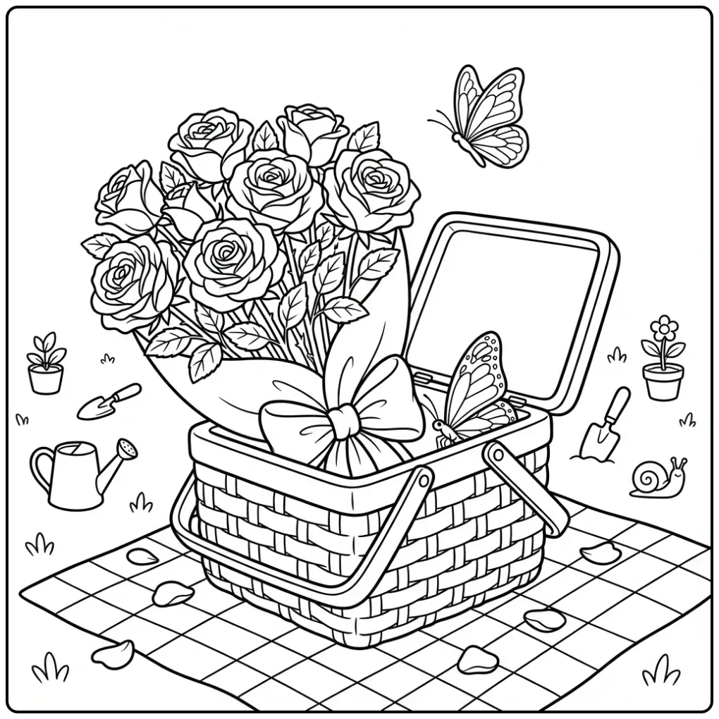 Rose and butterfly coloring page with a picnic basket