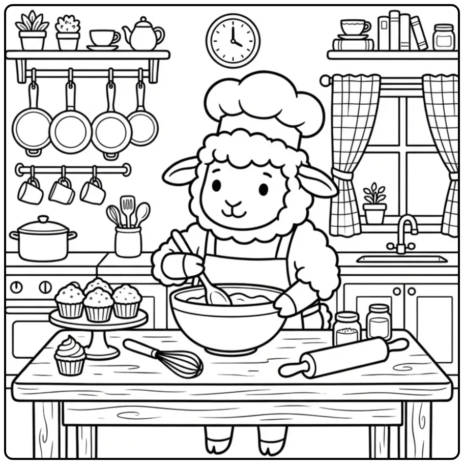 Sheep coloring page as a cheerful chef in the kitchen