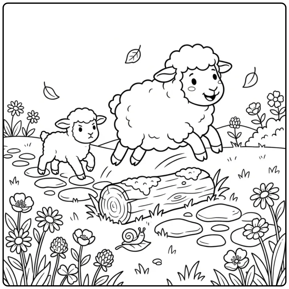 Sheep and lamb coloring page jumping over a log