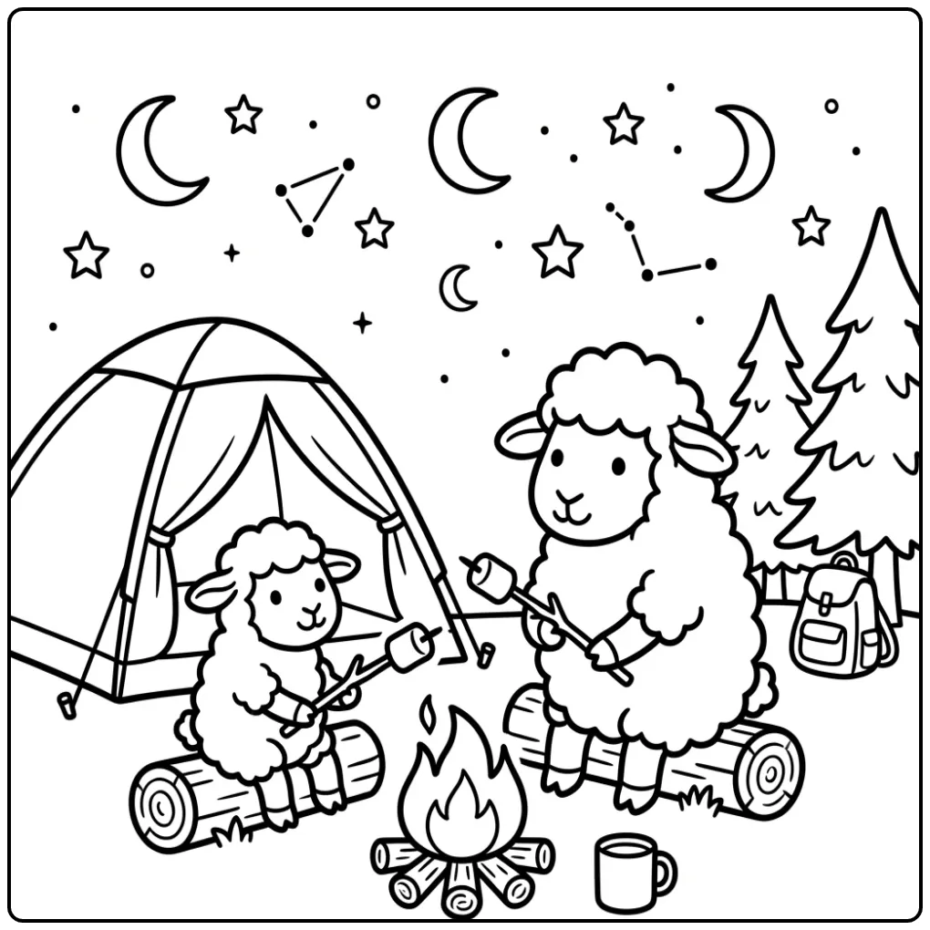 Sheep coloring page roasting marshmallows by a campfire