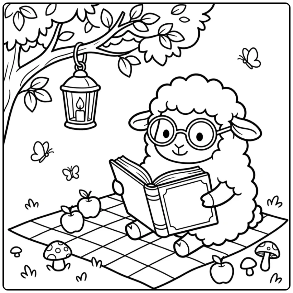 Sheep coloring page reading on a picnic blanket by a tree
