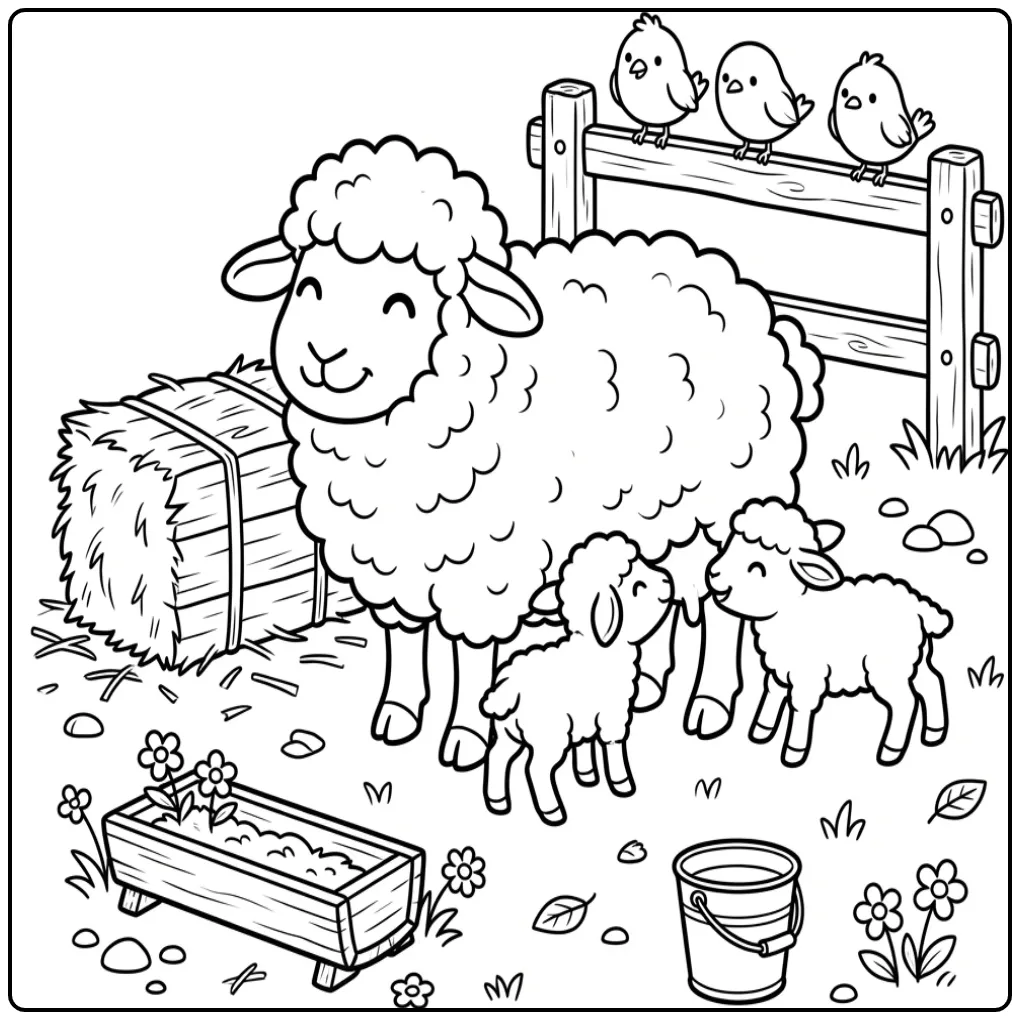 Sheep with lambs coloring page by a hay bale