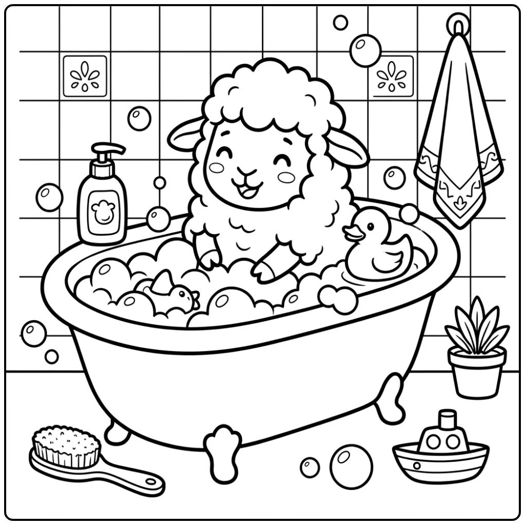 Toddler sheep coloring page in a bath with a rubber duck