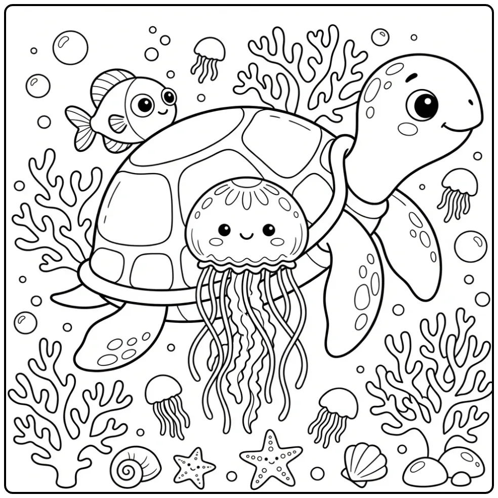 Turtle and jellyfish coloring page with coral and a fish