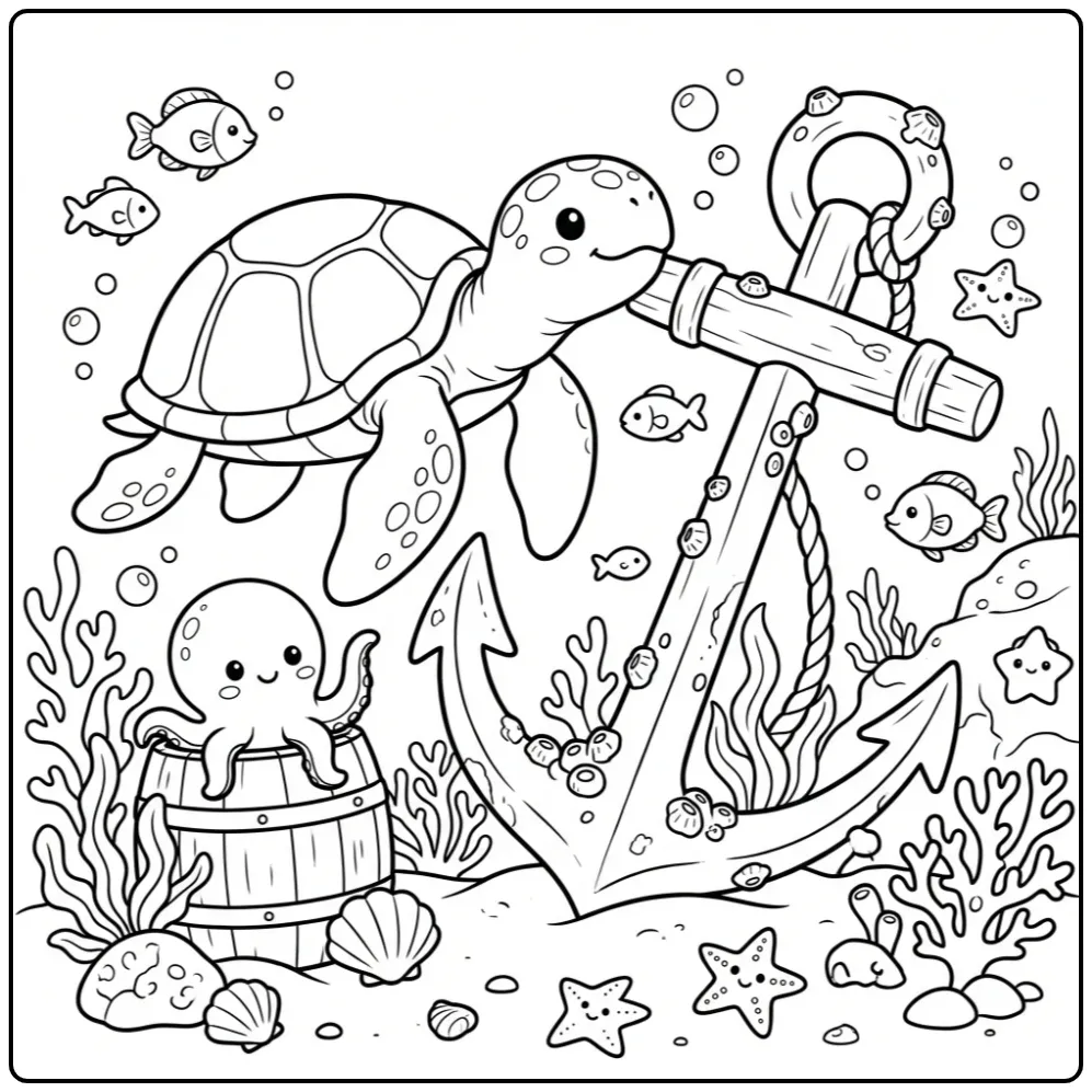 Sea turtle coloring page swimming near an old anchor