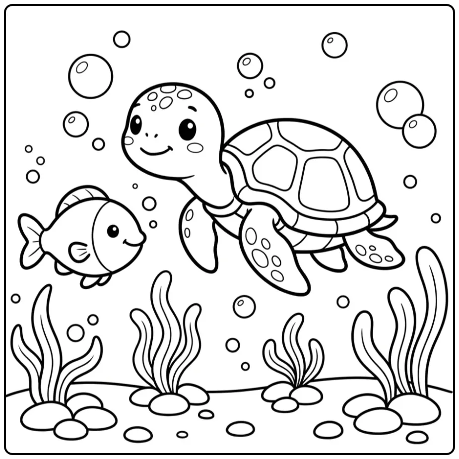 Easy turtle coloring page underwater with a fish