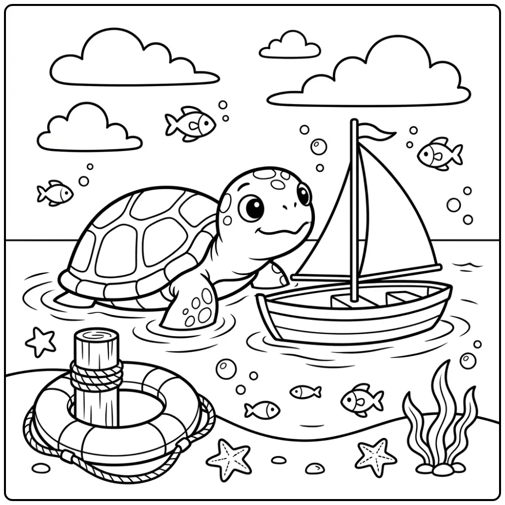 Sea turtle coloring page swimming by a boat
