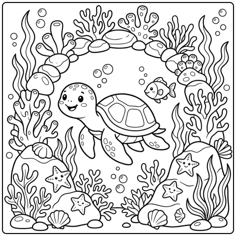 Sea turtle coloring page swimming through coral
