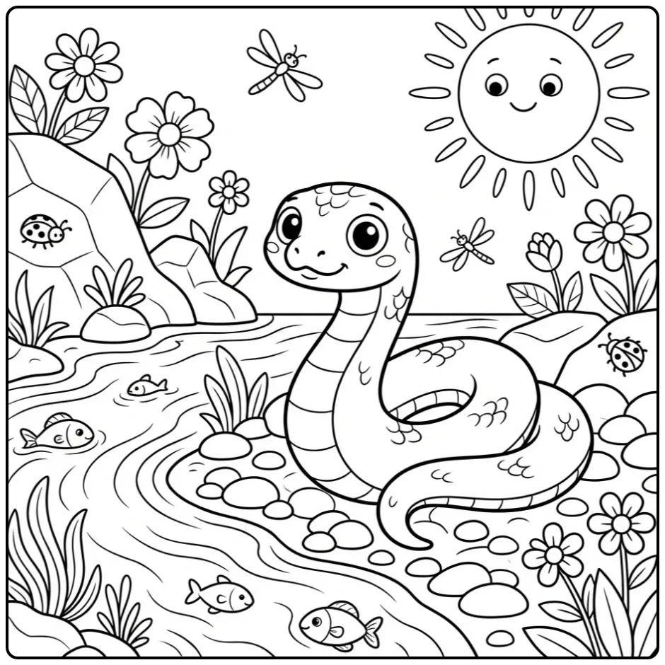 Snake coloring page featuring a snake by the water