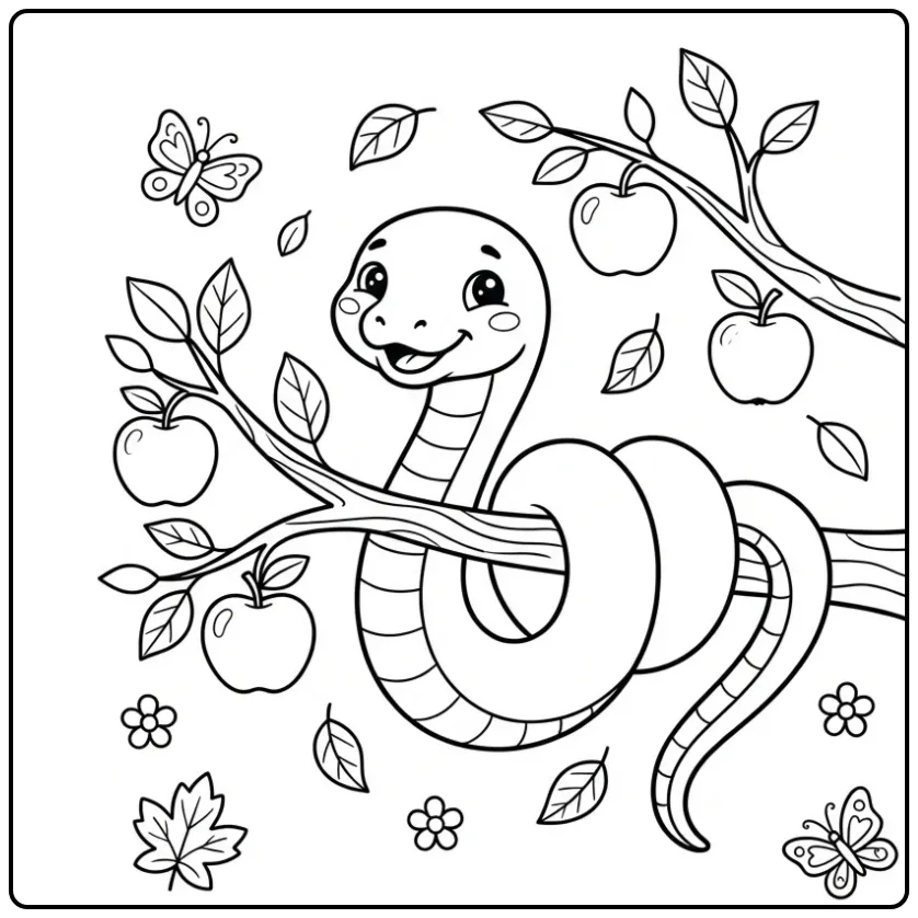 Snake in a tree coloring page showing a snake around an apple branch