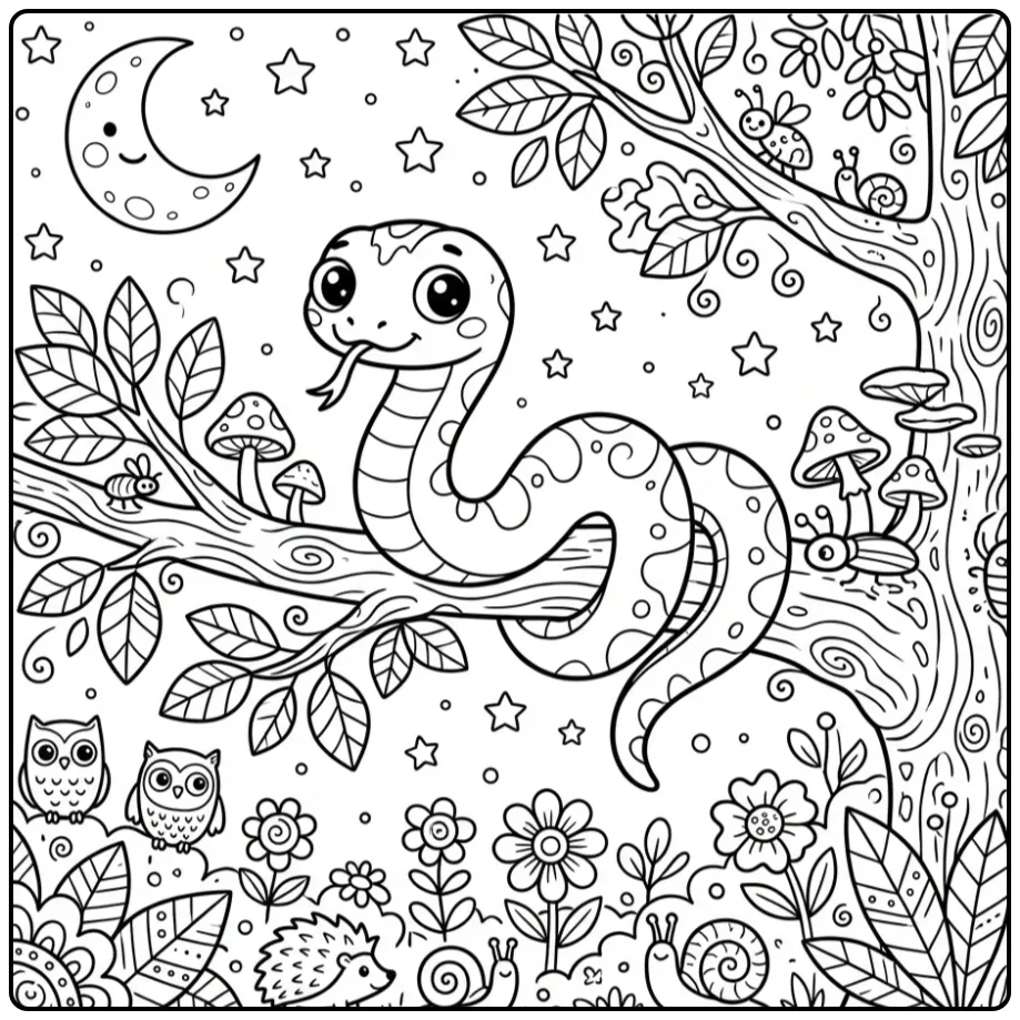 Snake coloring page showing a snake on a branch at night