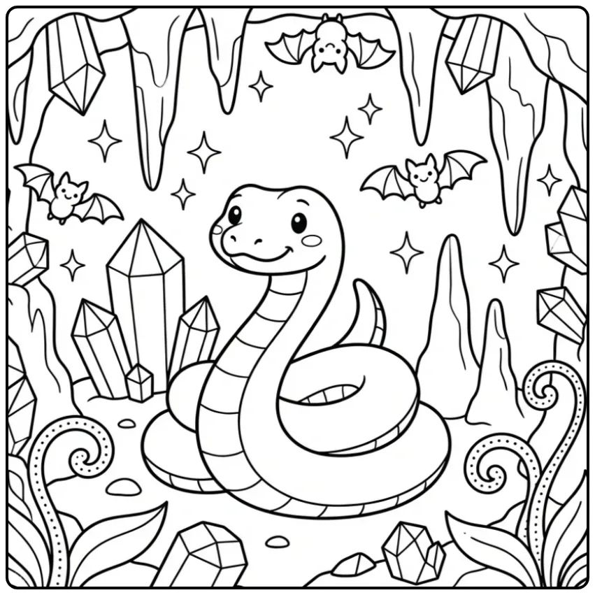 Snake coloring page showing a snake in a magical crystal cave