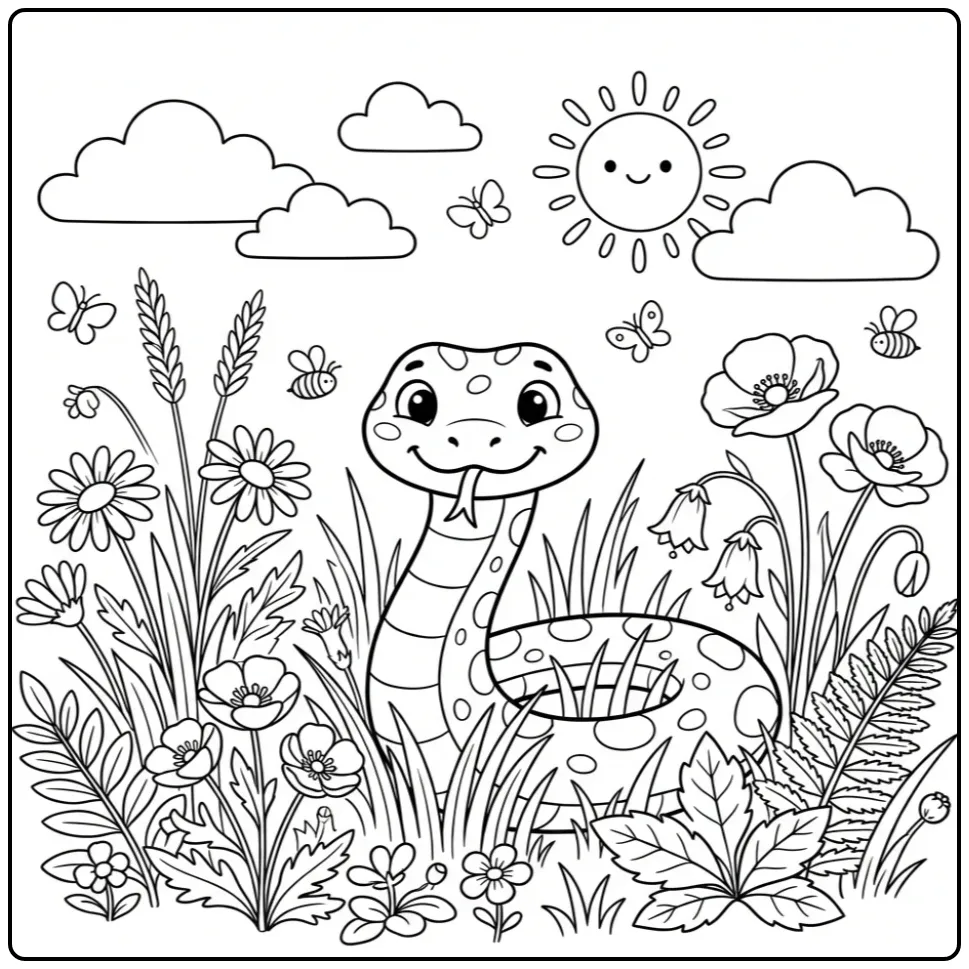 Snake coloring page featuring a snake in grass and flowers