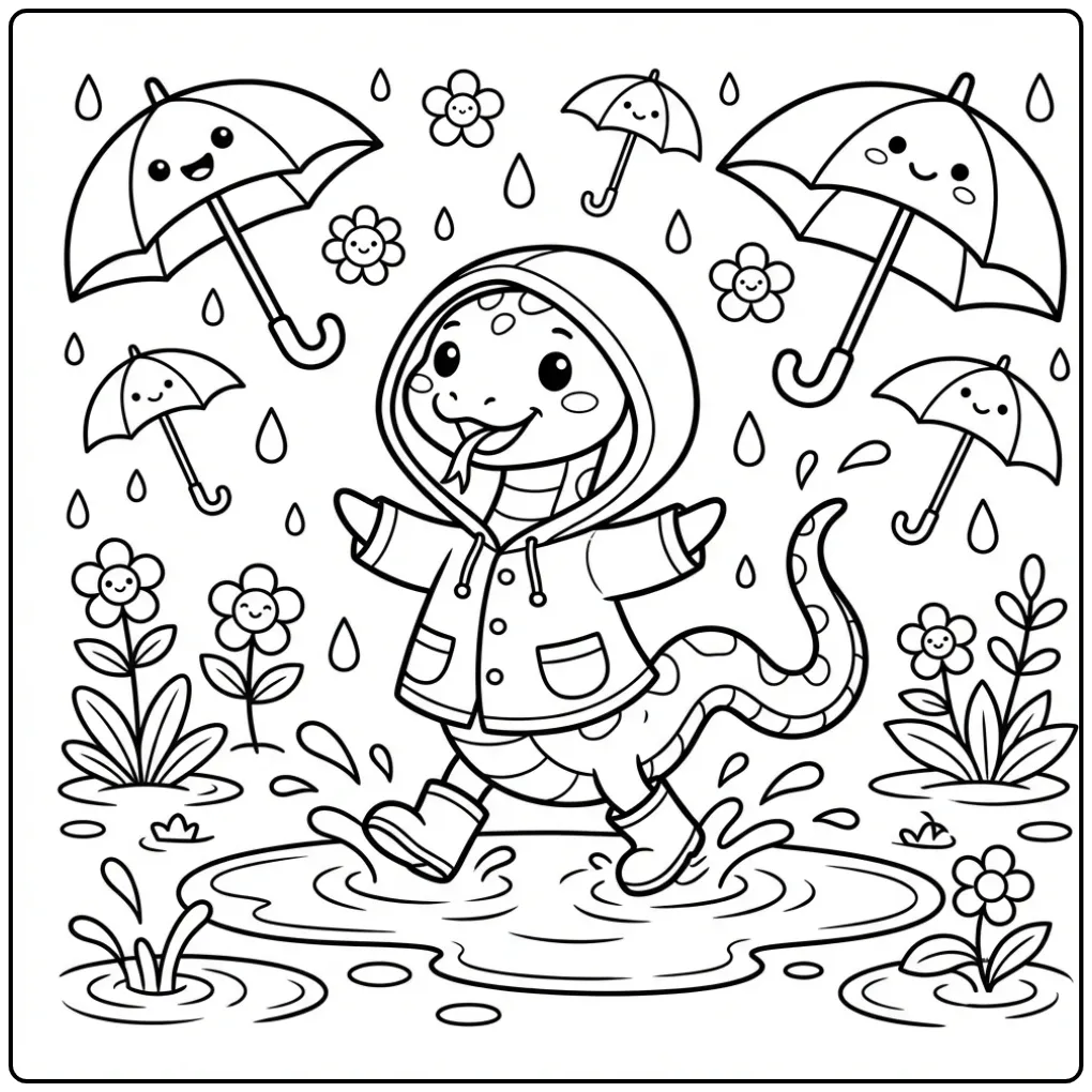 Snake coloring page featuring a snake in rain boots and a raincoat