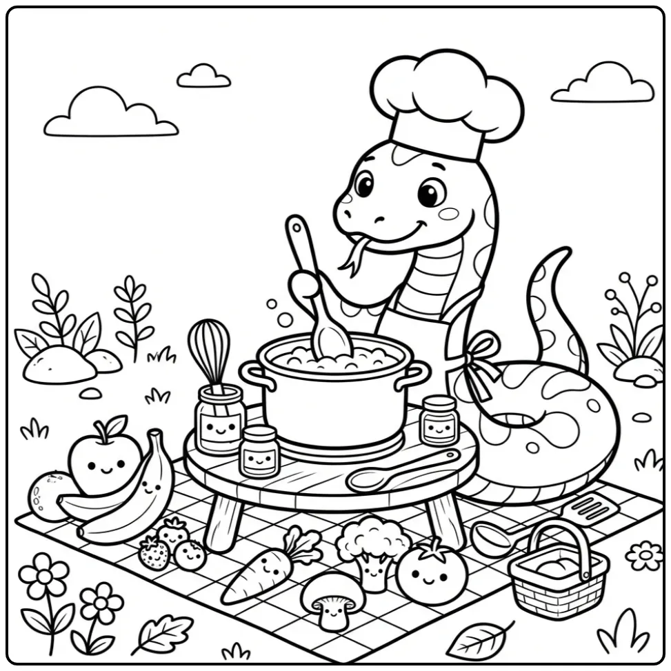 Snake coloring page featuring a chef snake cooking soup
