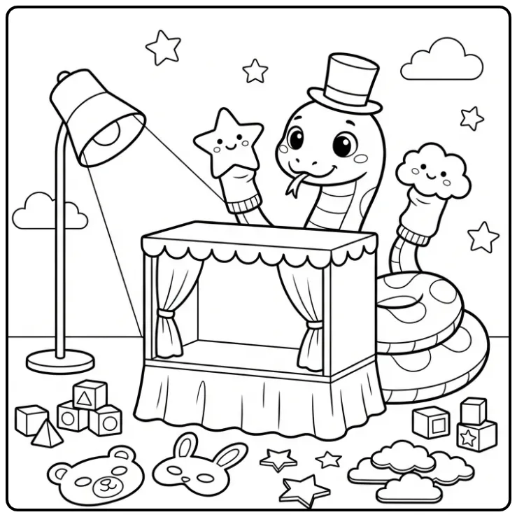 Snake coloring page showing a snake in a puppet theater