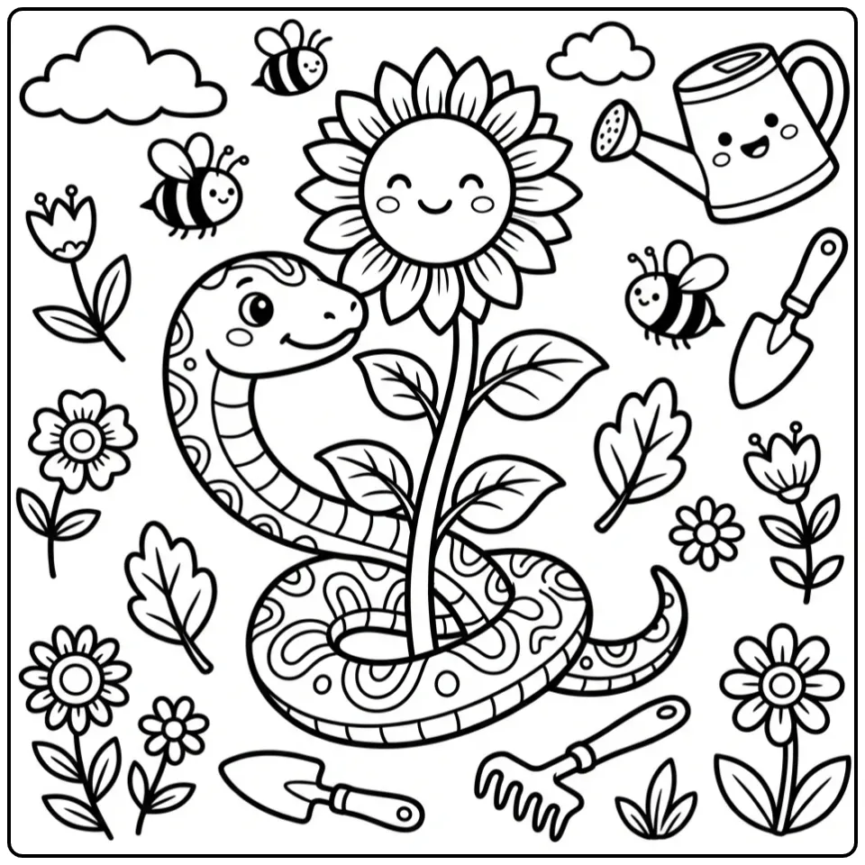 Snake coloring page featuring a snake around a sunflower in the garden