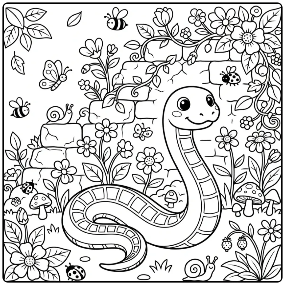 Snake coloring page featuring a friendly snake near a stone wall