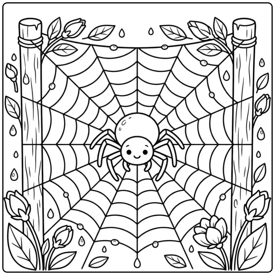 Spider web with spider coloring page and dew drops