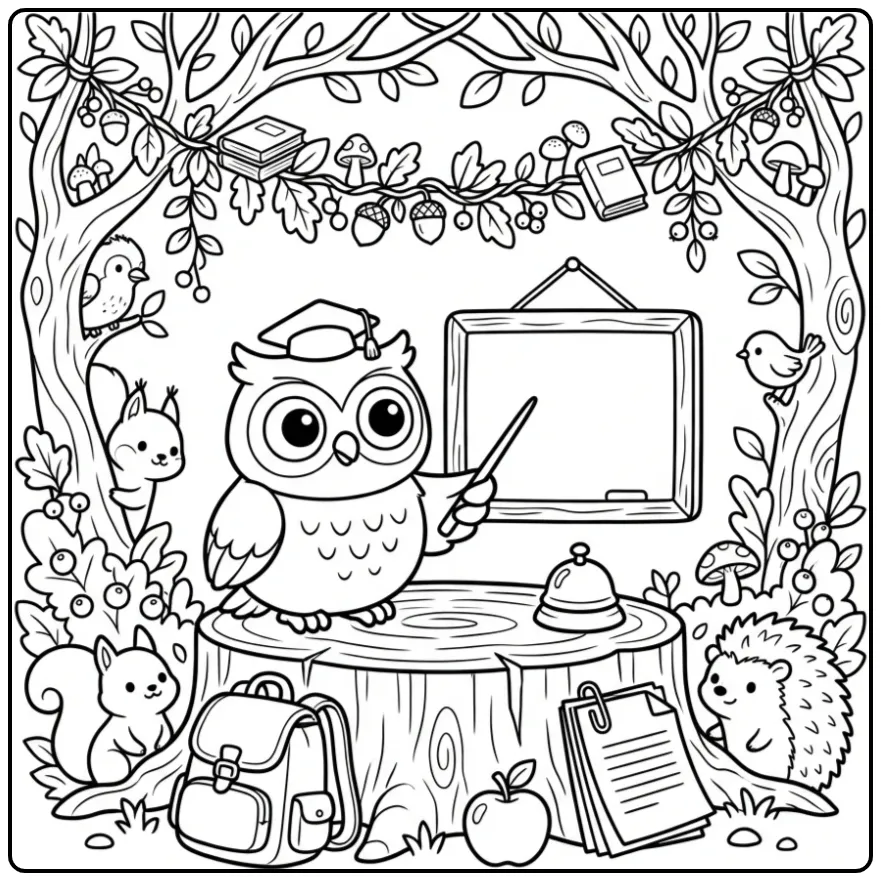 Owl coloring page as a teacher by a chalkboard