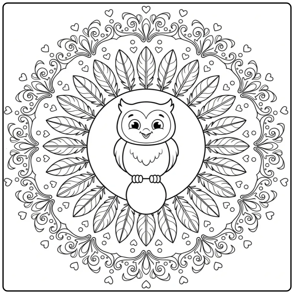 Mandala owl coloring page with feathers and hearts
