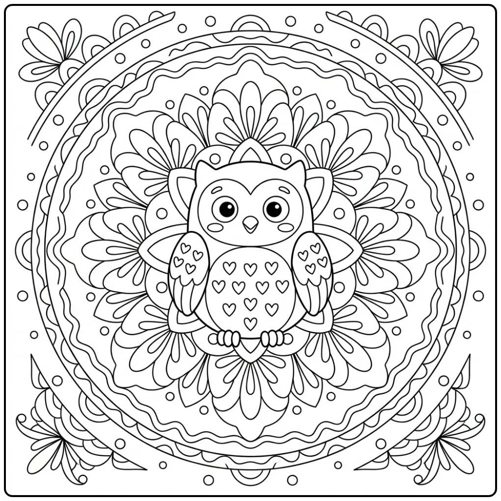 Mandala owl coloring page in a round cartoon style