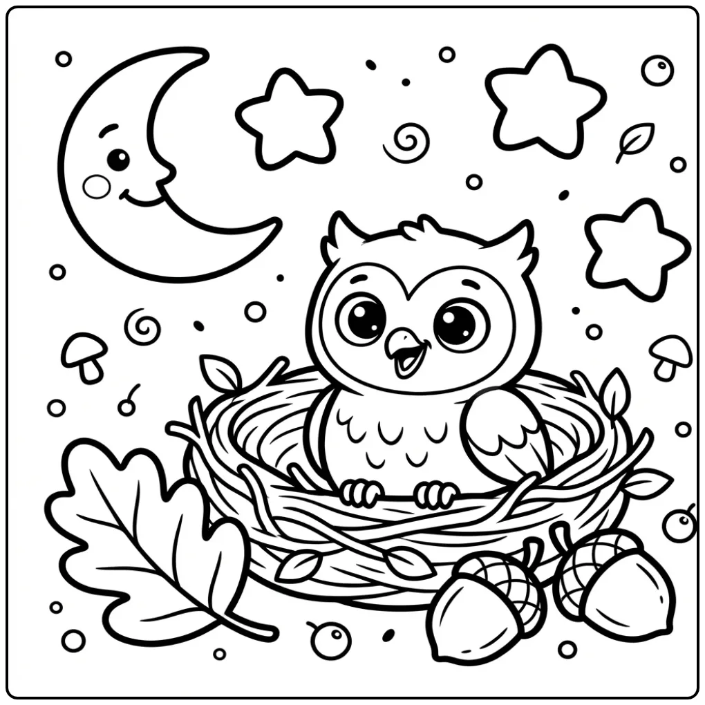 Toddler owl coloring page in a nest with moon and stars