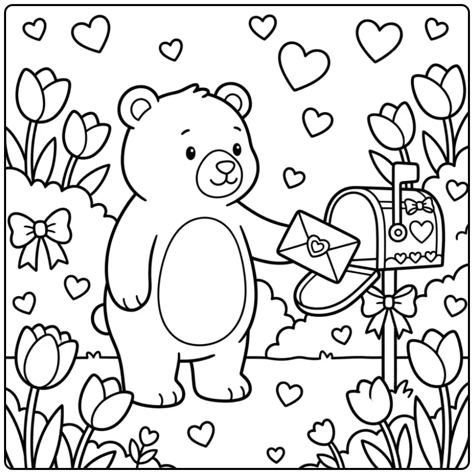 Valentine bear coloring page by a mailbox with tulips