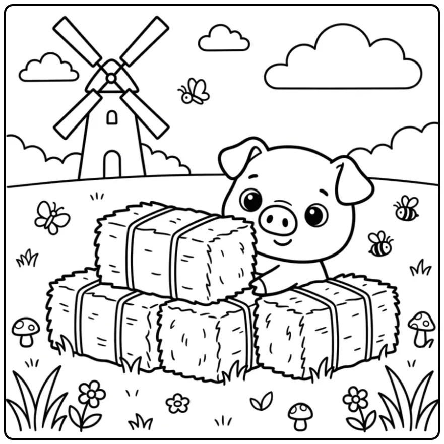 Pig coloring page with a piglet by hay bales and a windmill