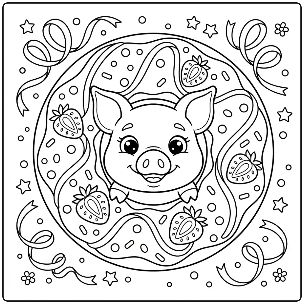 Pig head coloring page inside a donut frame