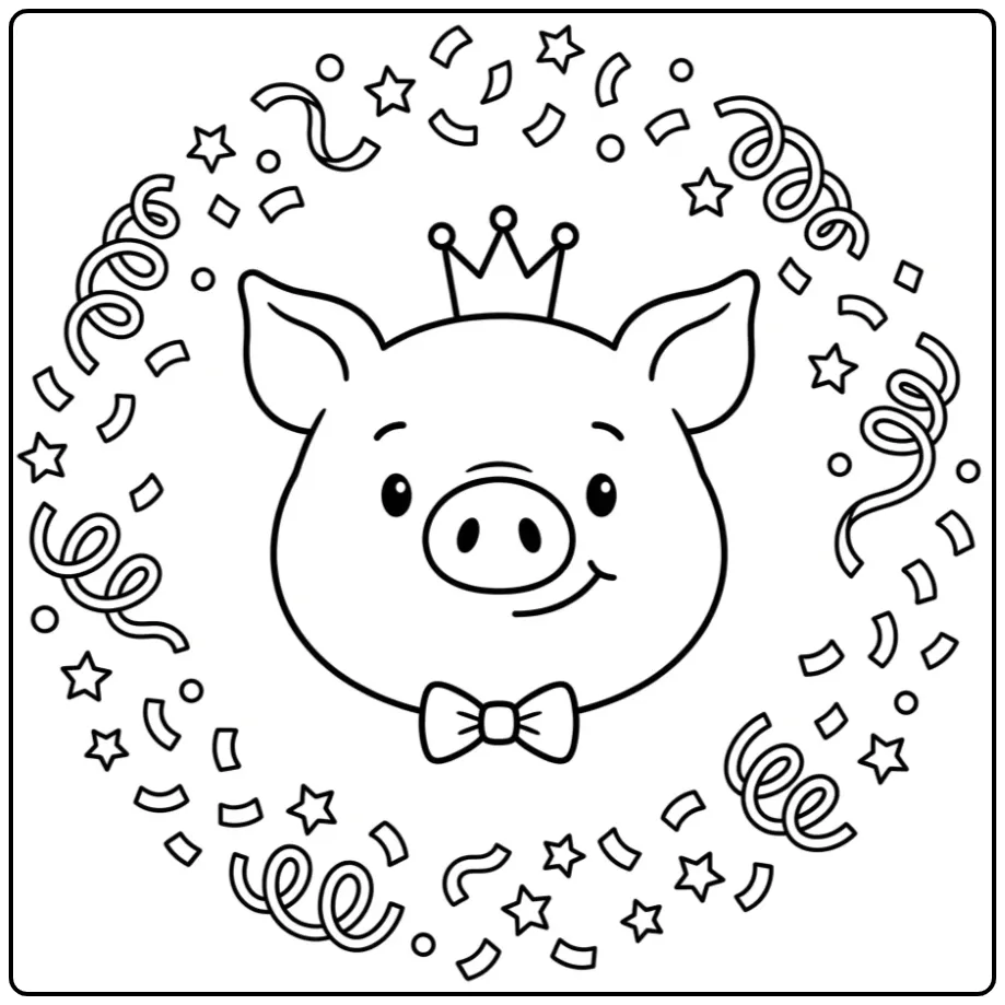 Pig head coloring page with a crown and bow