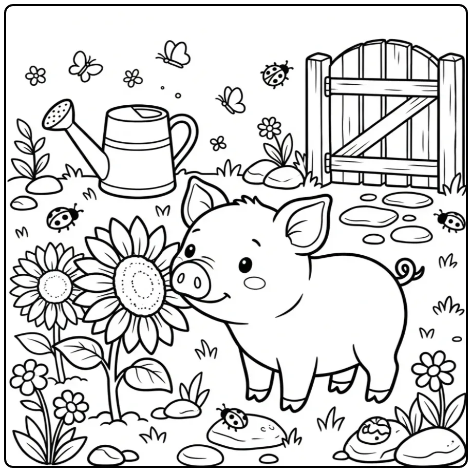 Pig coloring page sniffing a sunflower