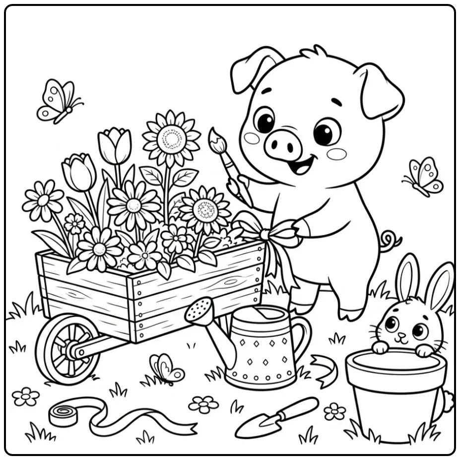 Pig coloring page decorating a flower cart