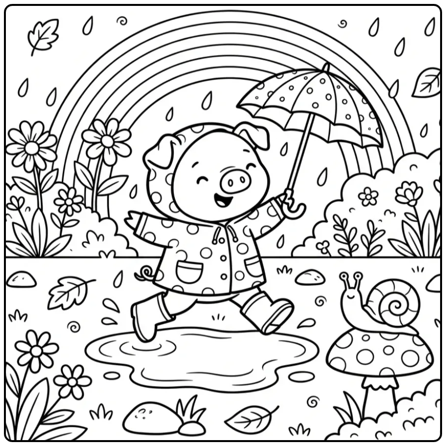 Pig coloring page jumping in puddles with a rainbow