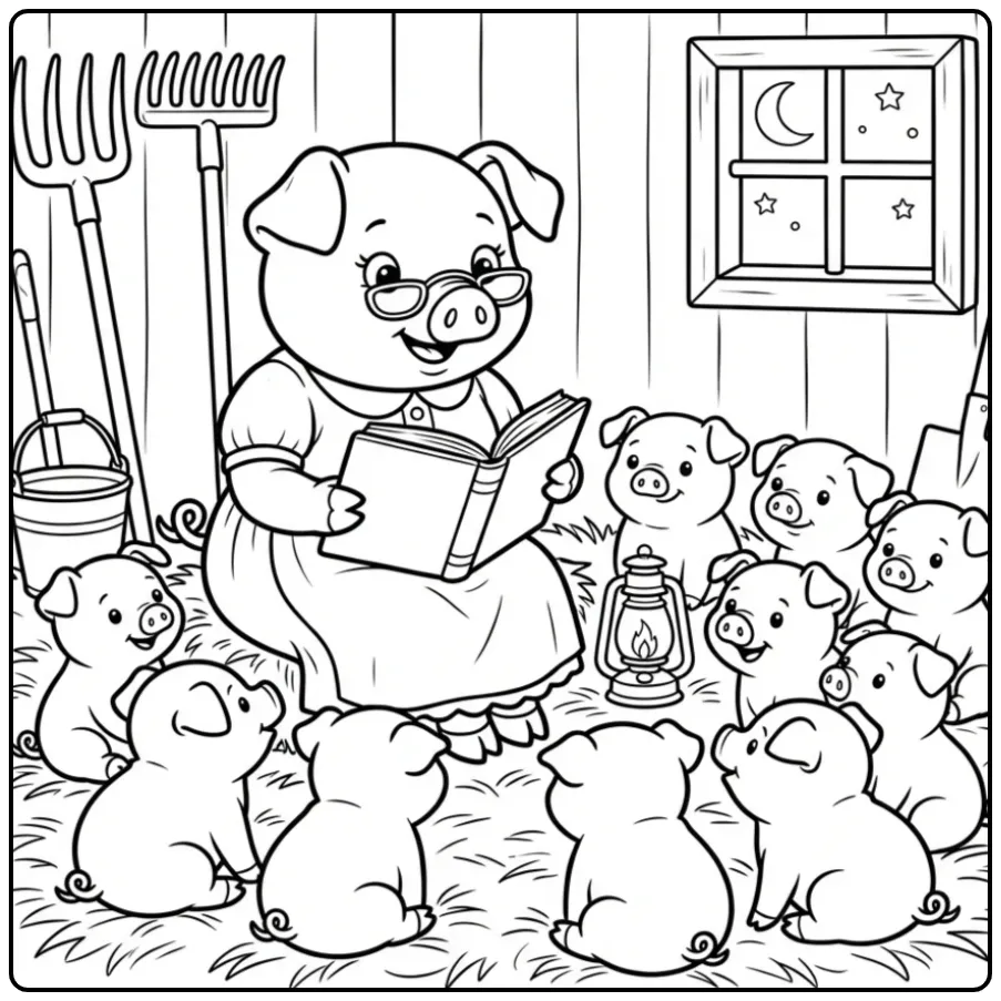 Pig with piglets coloring page with mother pig reading