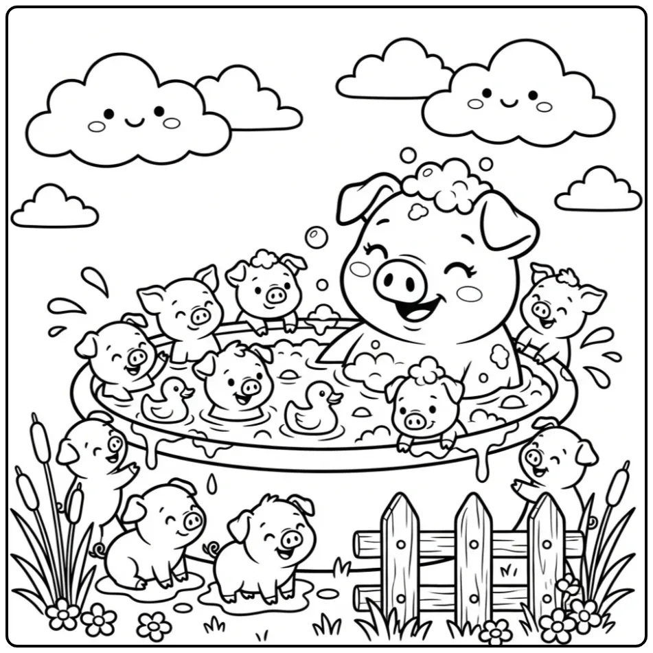 Pig with piglets coloring page in a mud bath