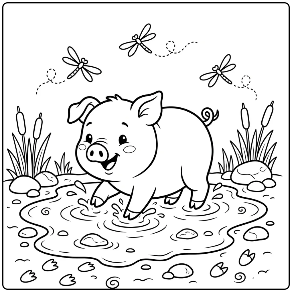 Pig coloring page with a piglet in a mud puddle