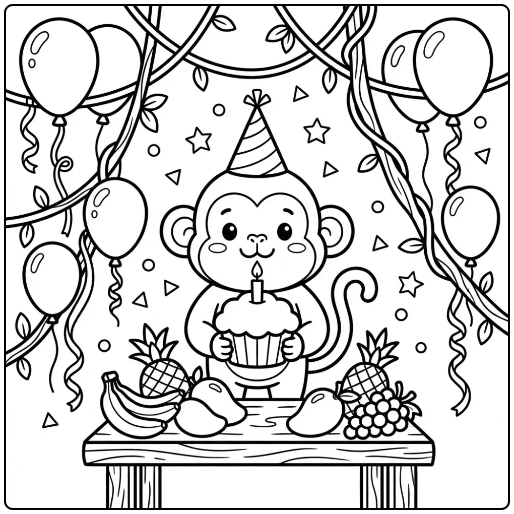 Birthday monkey coloring page with a party hat and fruit