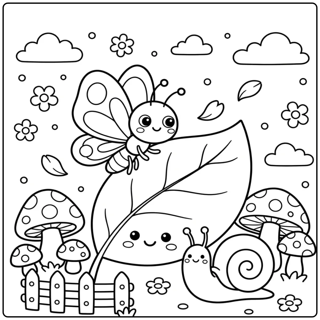 Toddler butterfly coloring page on a leaf