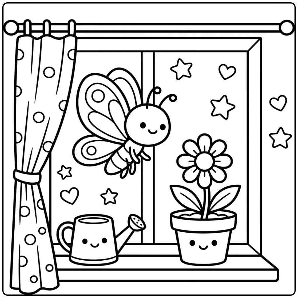 Toddler butterfly coloring page on a windowsill