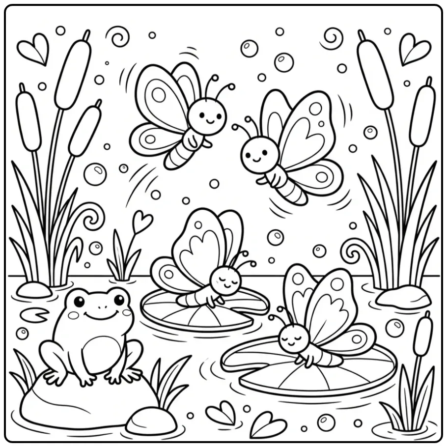 Butterflies coloring page racing above a pond
