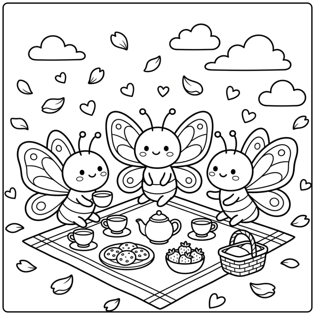 Butterflies coloring page on a picnic blanket with tea