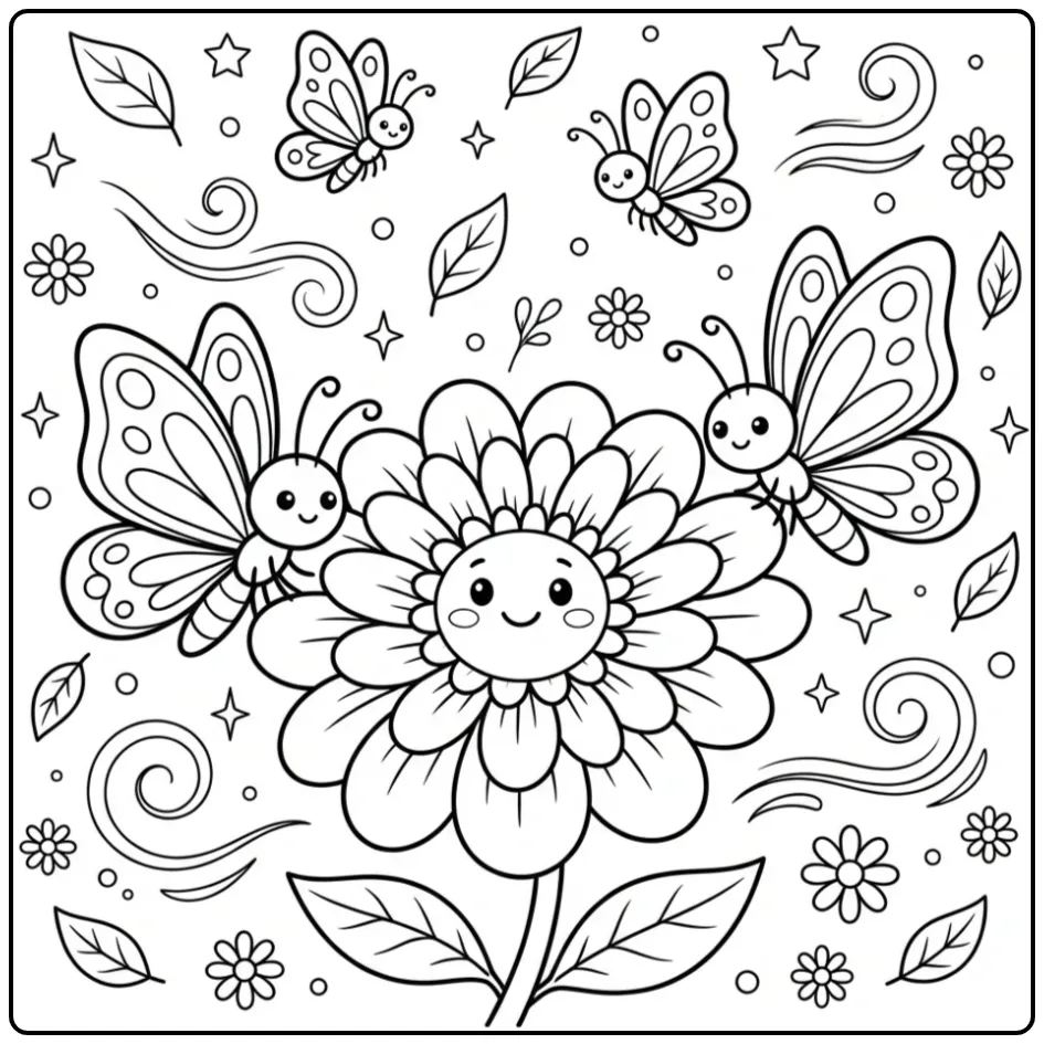 Butterflies coloring page near a large flower