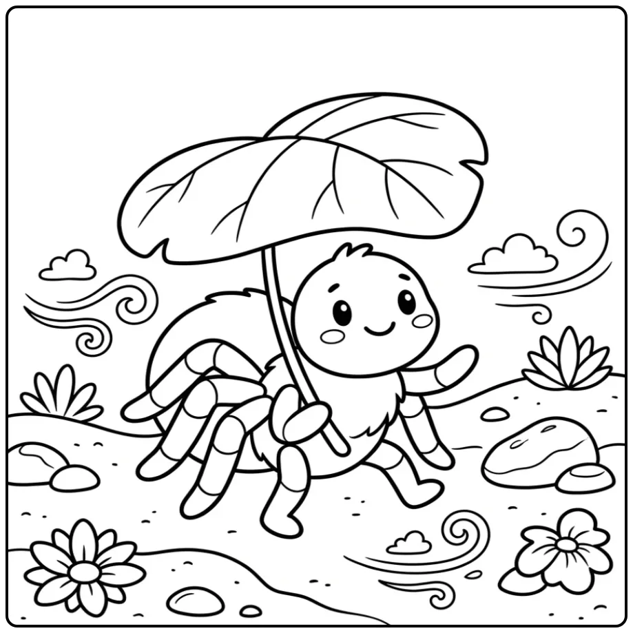 Tarantula coloring page with a leaf umbrella