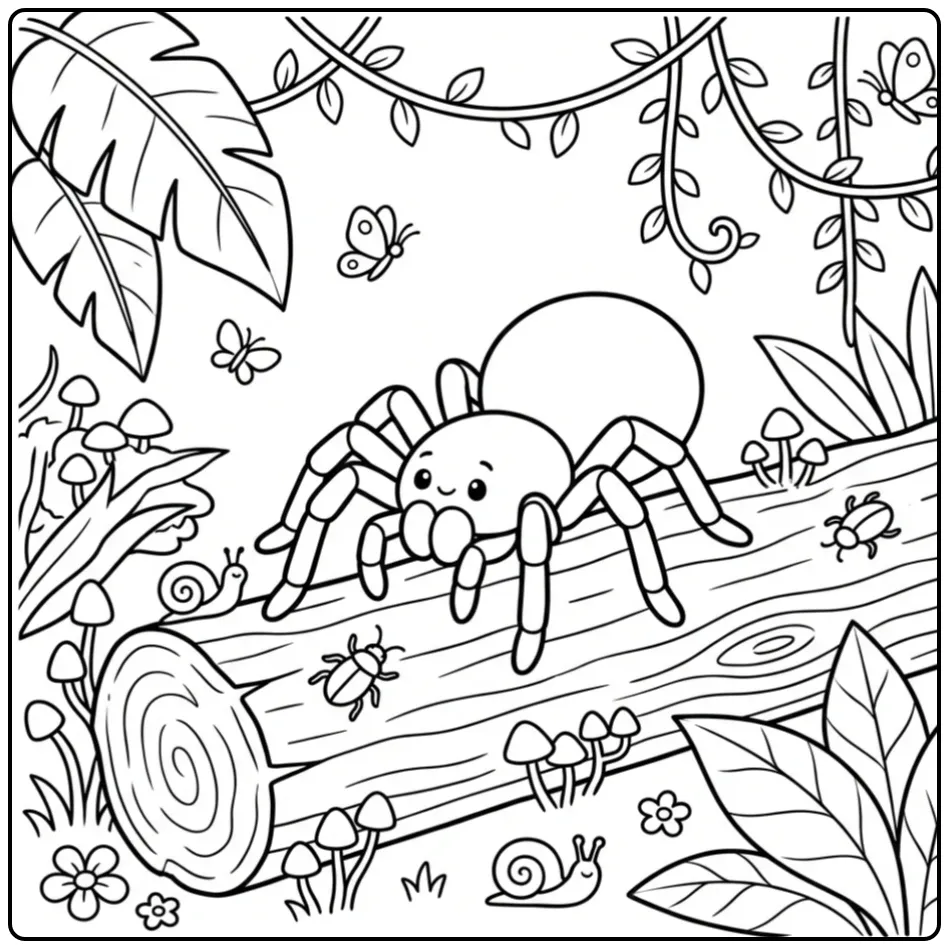 Detailed tarantula coloring page in the jungle