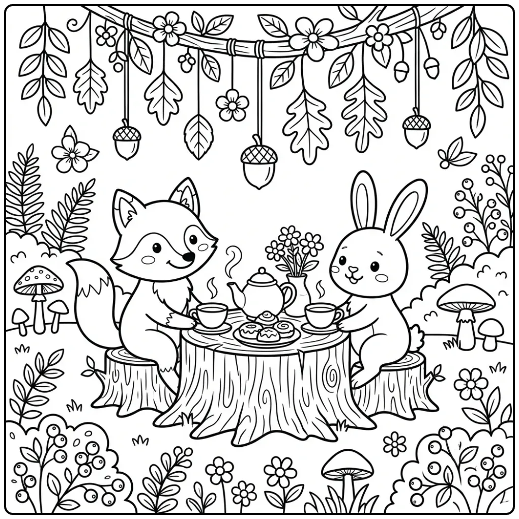 Fox and rabbit coloring page at a forest tea table