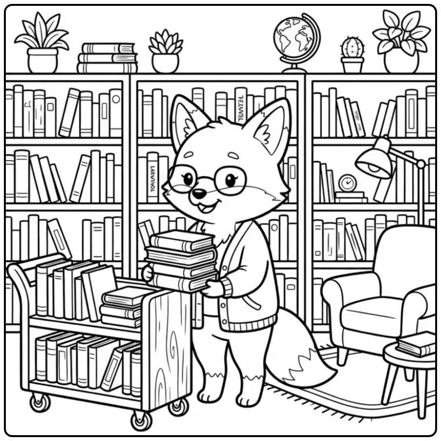Fox coloring page as a librarian with books
