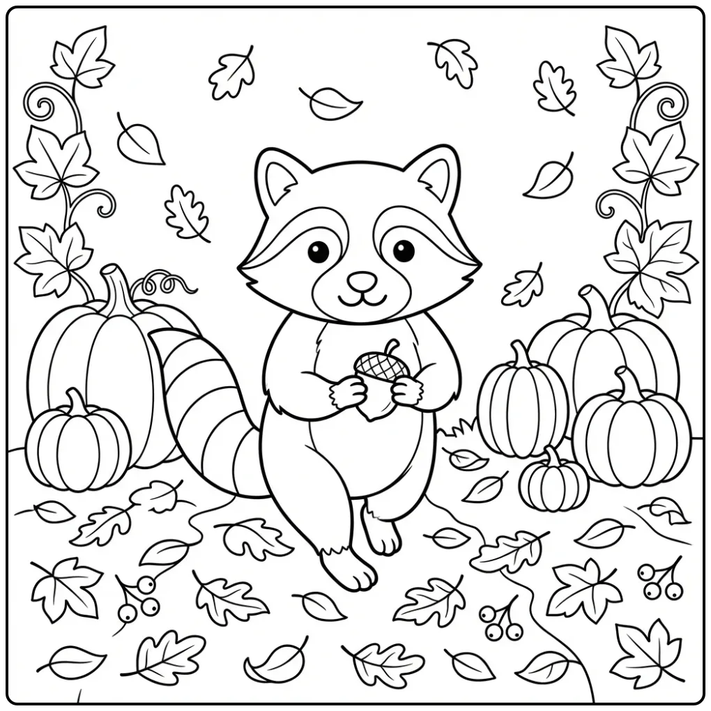 Raccoon coloring page with an acorn among pumpkins