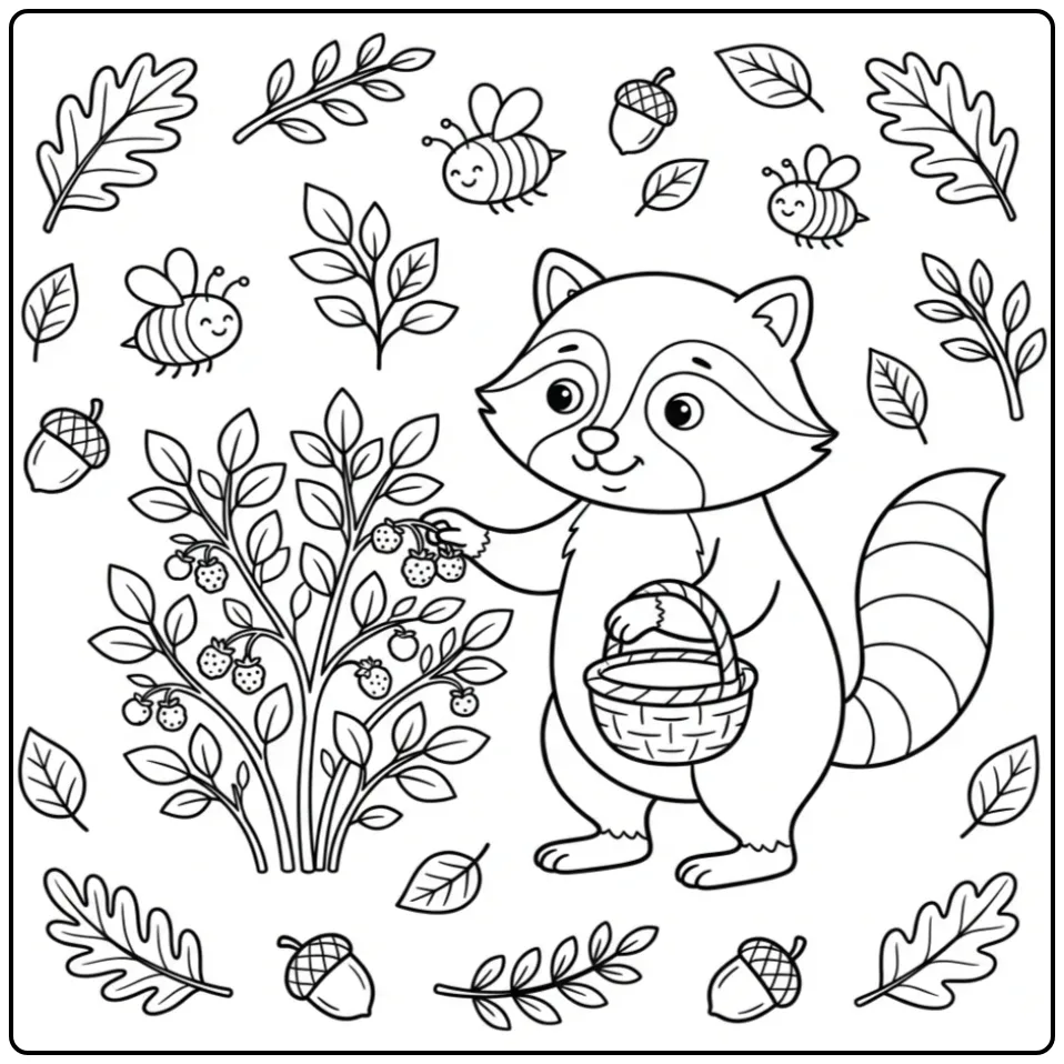 Raccoon coloring page picking berries in the forest