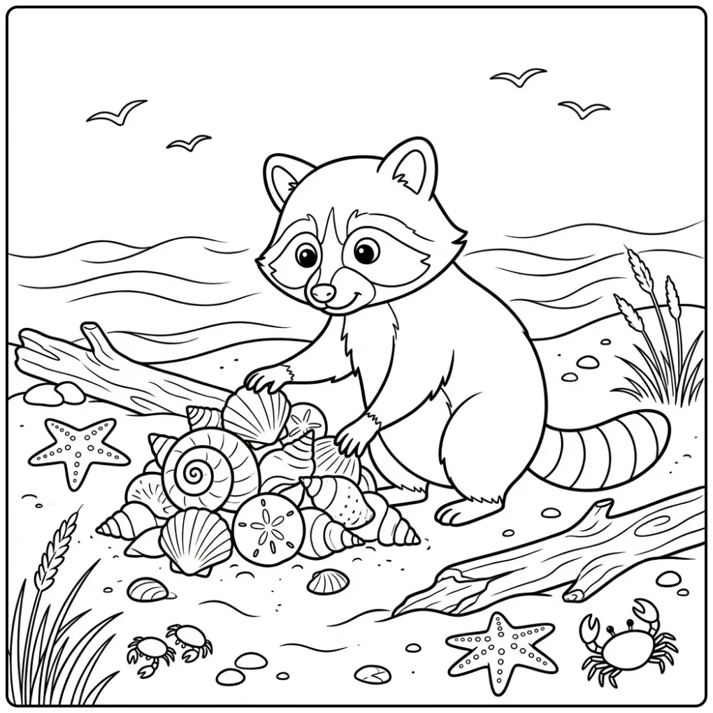 Raccoon coloring page looking for shells by the sea